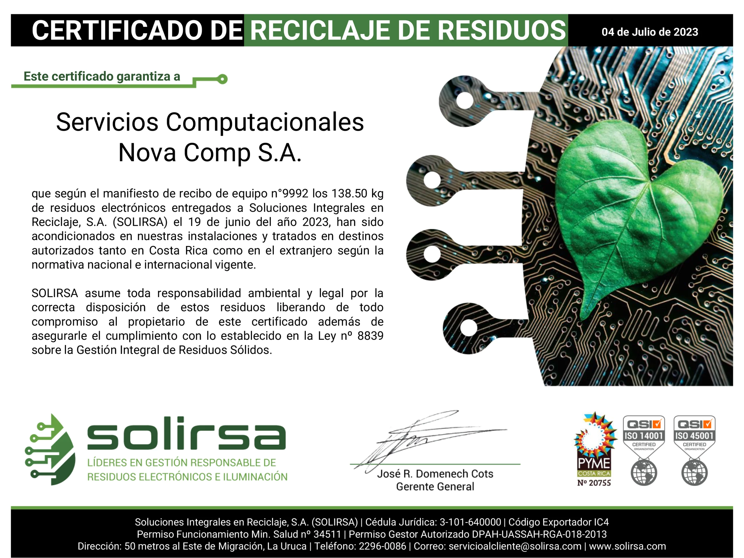 Certificado de reciclaje SOLIRSA - Documentación Novacomp